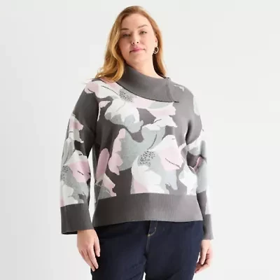 Liz Claiborne Plus Womens Split Crew Neck Long Sleeve Floral Pullover Sweater