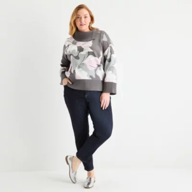 Liz Claiborne Plus Womens Split Crew Neck Long Sleeve Floral Pullover Sweater