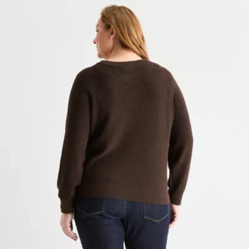 Liz Claiborne Plus Womens Crew Neck Long Sleeve Pullover Sweater