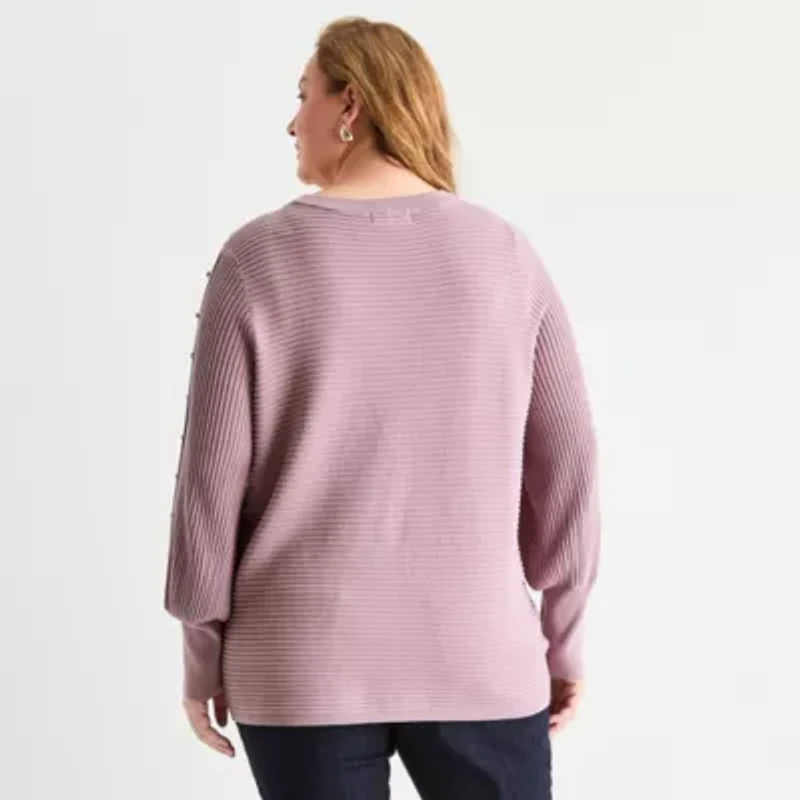 Liz Claiborne Plus Womens Crew Neck Long Sleeve Pullover Sweater