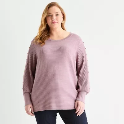 Liz Claiborne Plus Womens Crew Neck Long Sleeve Pullover Sweater