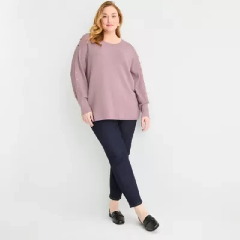 Liz Claiborne Plus Womens Crew Neck Long Sleeve Pullover Sweater