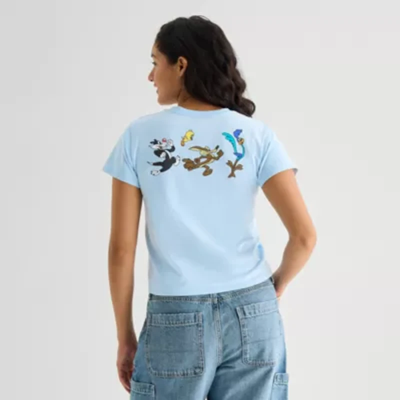 Looney Toons Baby Tee Womens Juniors Crew Neck Short Sleeve Fitted Tunes Graphic T-Shirt