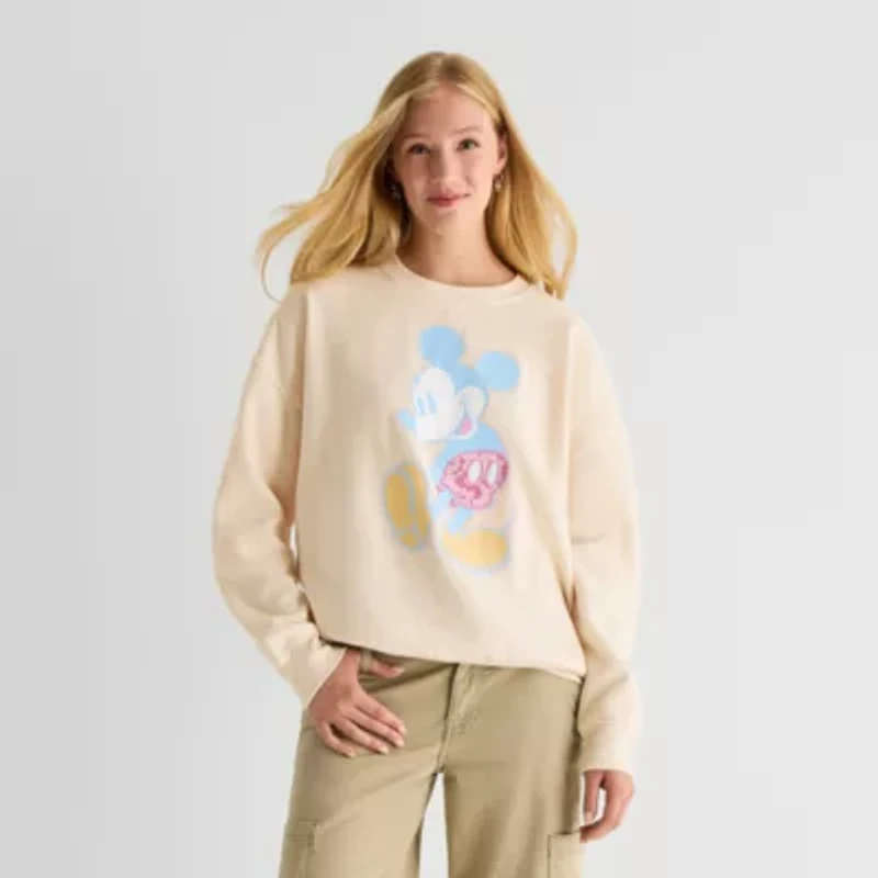 Mickey Crew Fleece Womens Juniors Neck Long Sleeve Embroidered Mouse Sweatshirt