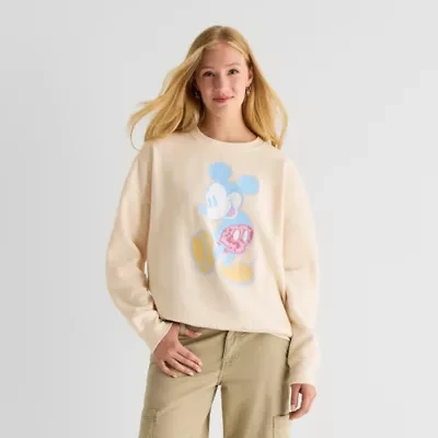 Mickey Crew Fleece Womens Juniors Neck Long Sleeve Embroidered Mouse Sweatshirt