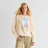 Mickey Crew Fleece Womens Juniors Neck Long Sleeve Embroidered Mouse Sweatshirt