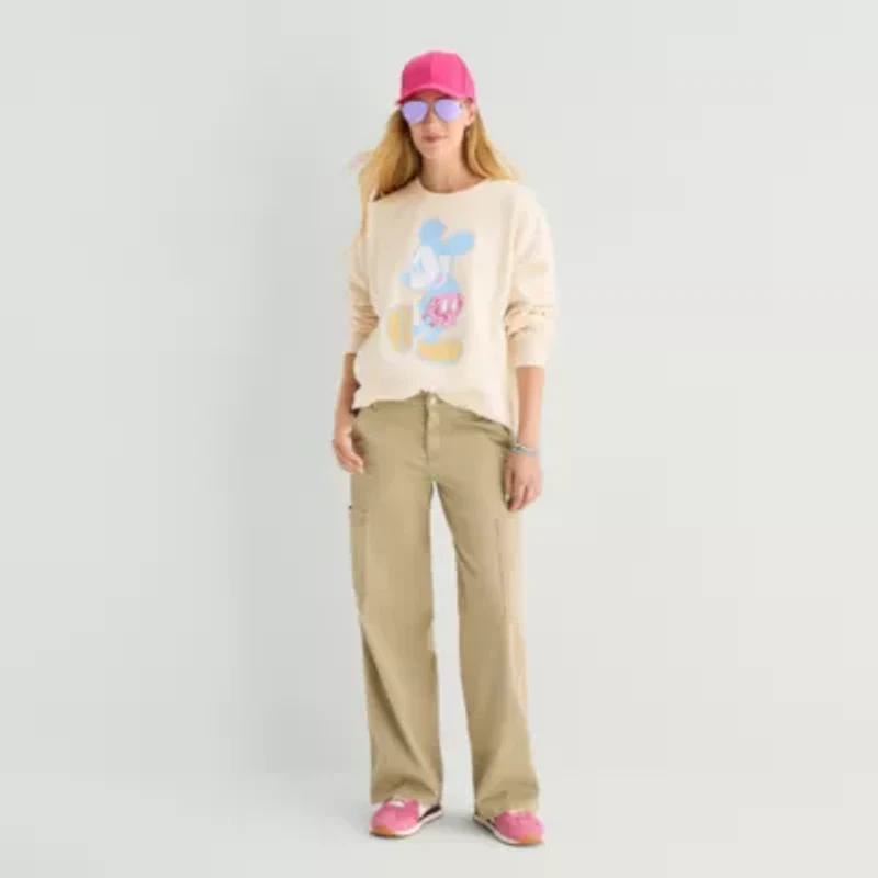 Mickey Crew Fleece Womens Juniors Neck Long Sleeve Embroidered Mouse Sweatshirt