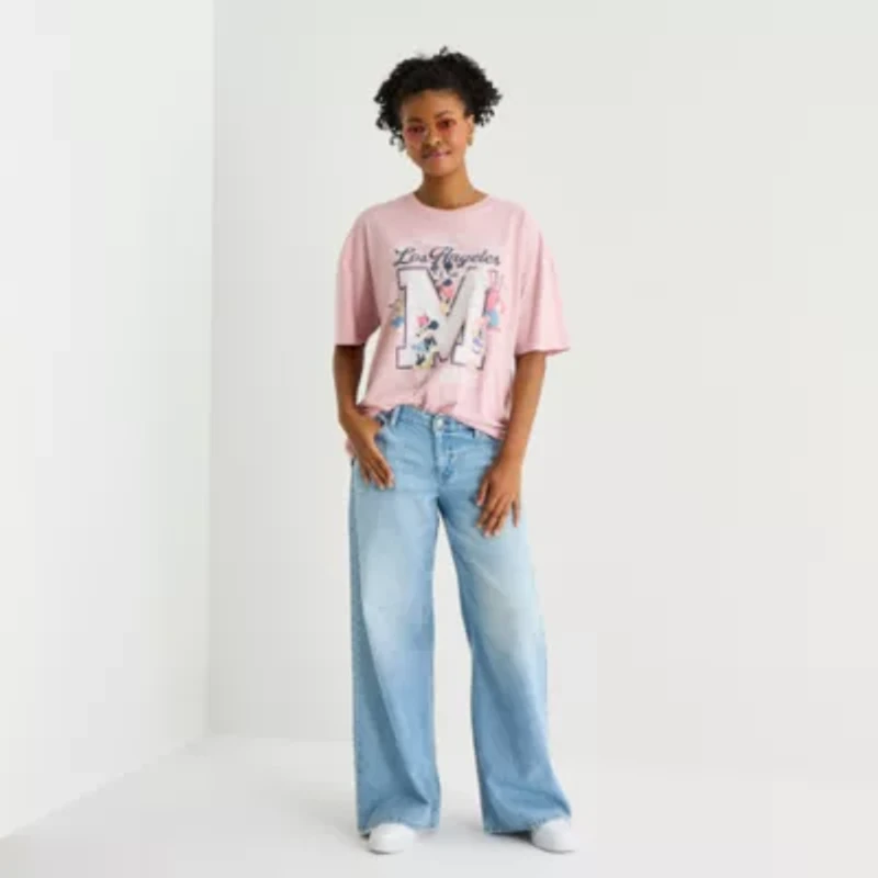 Womens Juniors Crew Neck Short Sleeve Oversized Mickey Mouse Graphic T-Shirt