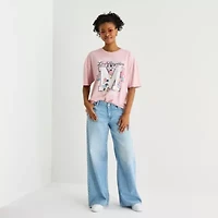 Womens Juniors Crew Neck Short Sleeve Oversized Mickey Mouse Graphic T-Shirt