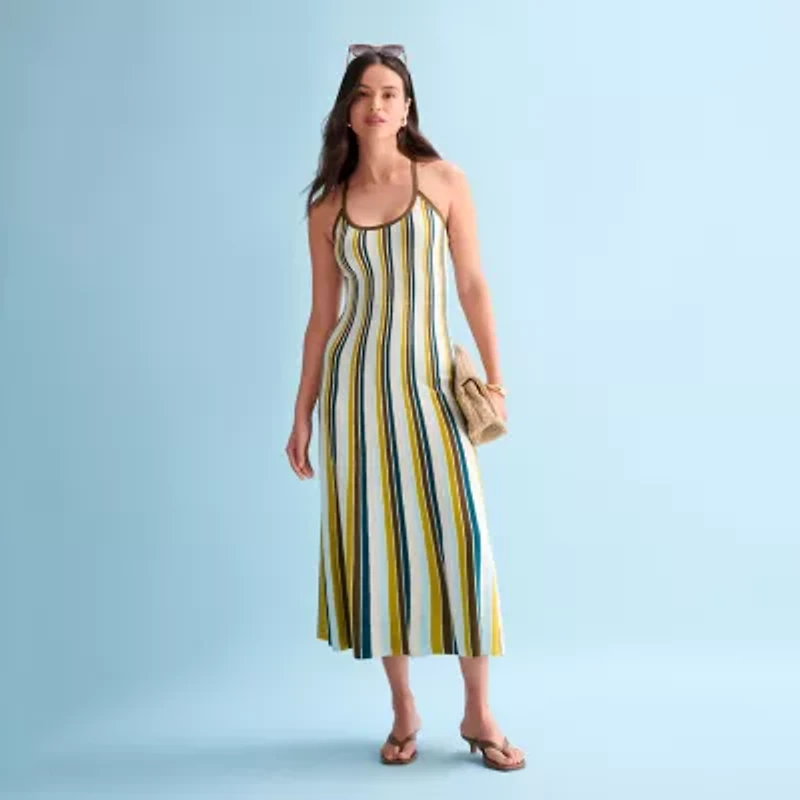 Worthington Womens Sleeveless Striped Sweater Dress