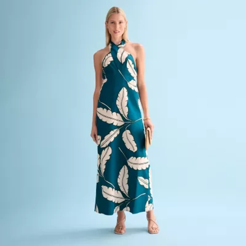 Worthington Womens Halter Neck Sleeveless Maxi Dress