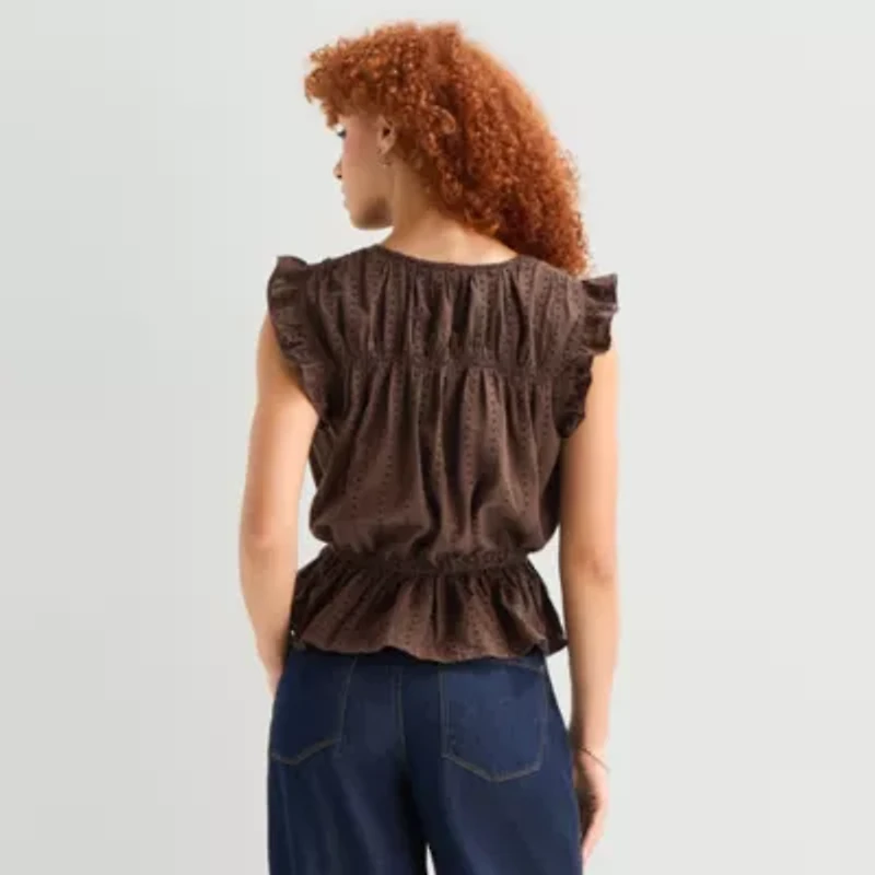 a.n.a Womens Split Tie Neck Sleeveless Peplum Top
