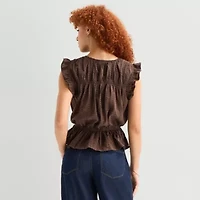 a.n.a Womens Split Tie Neck Sleeveless Peplum Top
