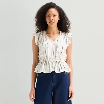 a.n.a Womens Split Tie Neck Sleeveless Peplum Top
