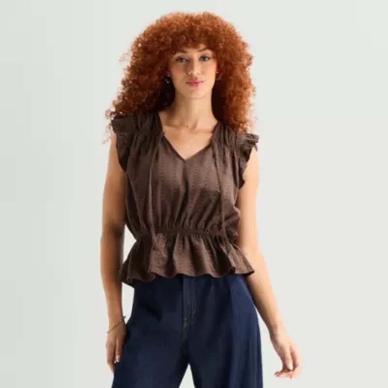 a.n.a Womens Split Tie Neck Sleeveless Peplum Top