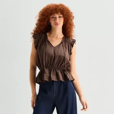 a.n.a Womens Split Tie Neck Sleeveless Peplum Top
