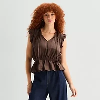 a.n.a Womens Split Tie Neck Sleeveless Peplum Top