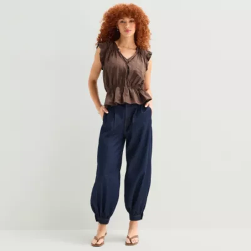 a.n.a Womens Split Tie Neck Sleeveless Peplum Top