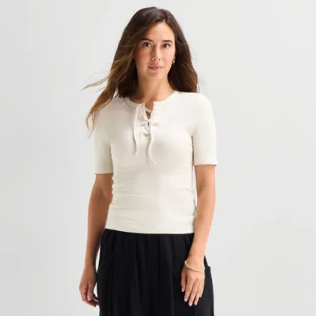 a.n.a Womens Split Tie Neck Short Sleeve T-Shirt