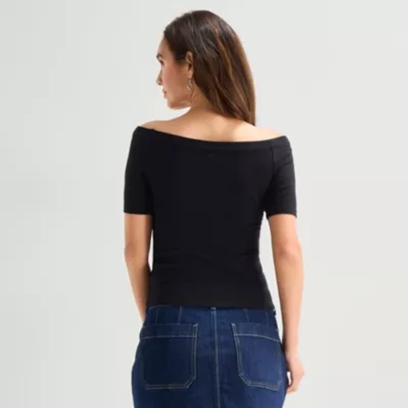 a.n.a Ribbed Off The Shoulder Womens Straight Neck Short Sleeve Blouse