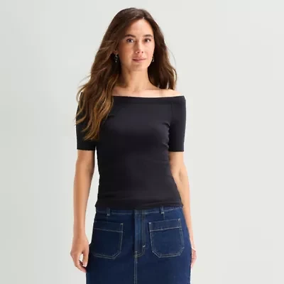 a.n.a Ribbed Off The Shoulder Womens Straight Neck Short Sleeve Blouse