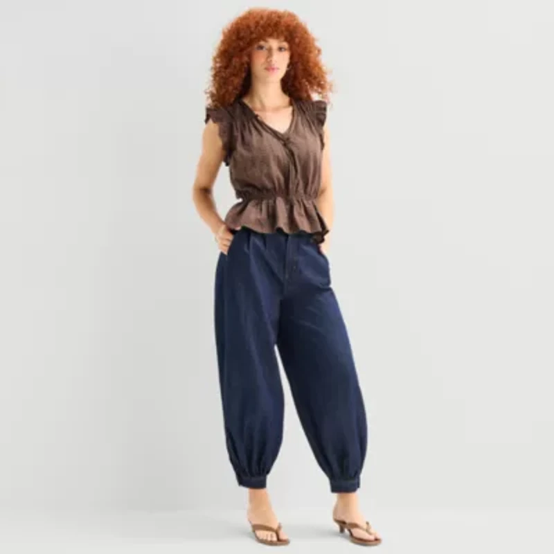 a.n.a Womens High Rise Denim Pleated Balloon Trouser
