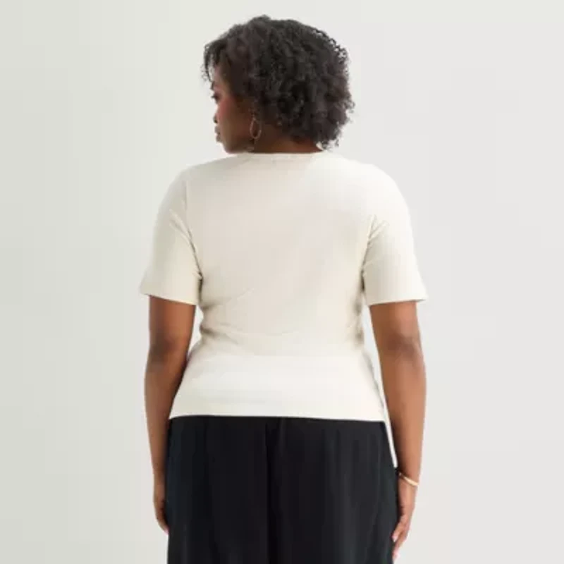 a.n.a Womens Plus Split Tie Neck Short Sleeve T-Shirt