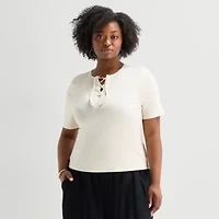 a.n.a Womens Plus Split Tie Neck Short Sleeve T-Shirt