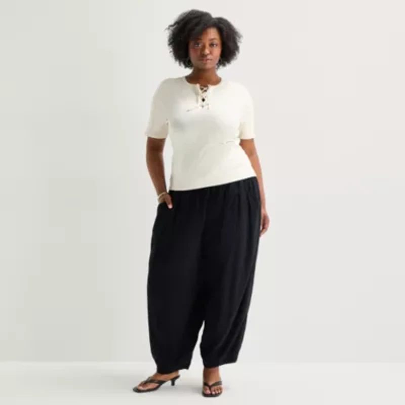 a.n.a Womens Plus Split Tie Neck Short Sleeve T-Shirt
