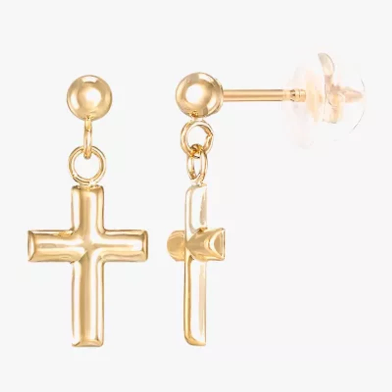 Girls 14K Gold Cross Drop Earrings