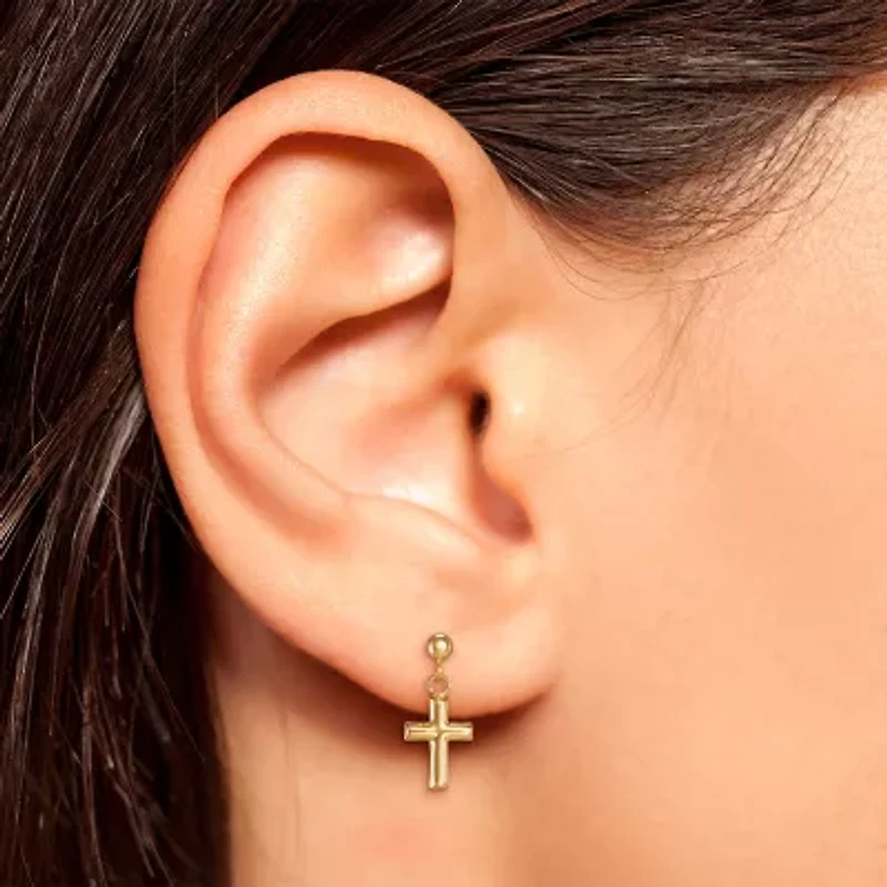 Girls 14K Gold Cross Drop Earrings