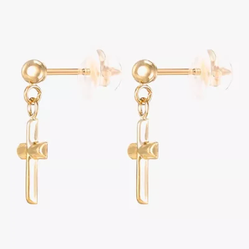 Girls 14K Gold Cross Drop Earrings