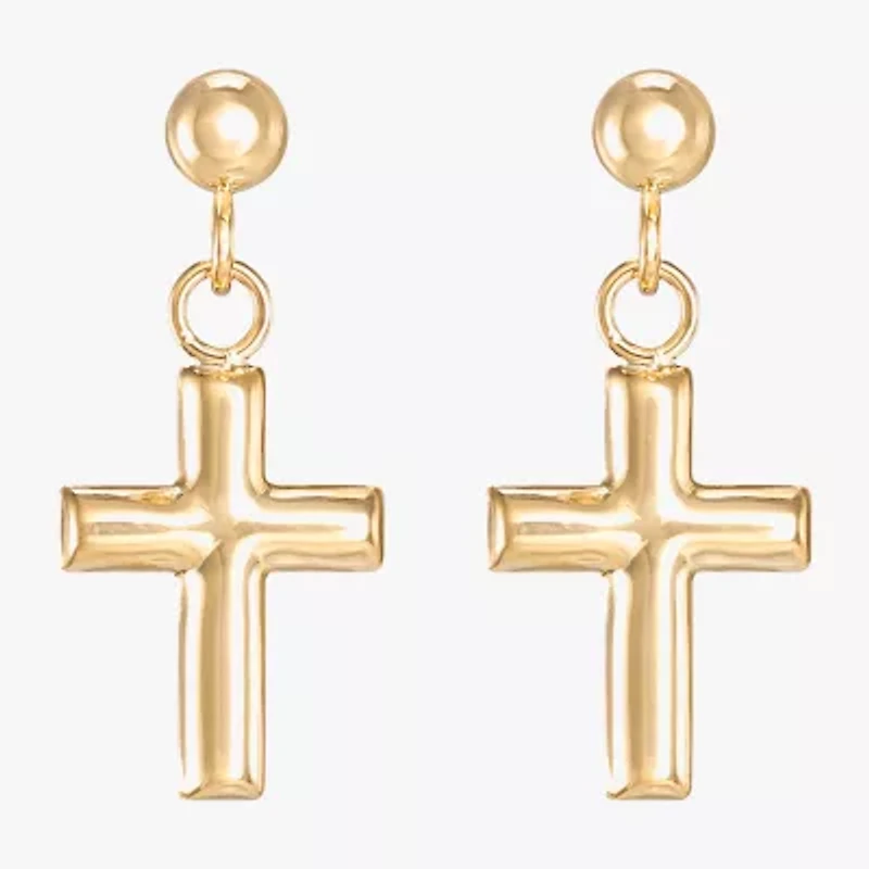 Girls 14K Gold Cross Drop Earrings