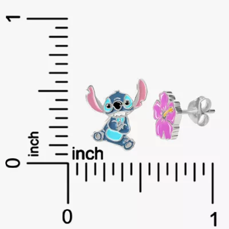 Disney Collection Sterling Silver 12.8mm Flower Lilo & Stitch Stud Earrings