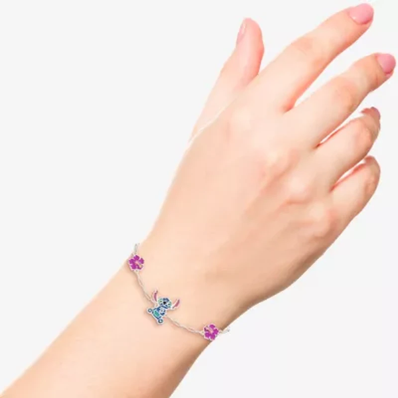 Disney Collection Girls Sterling Silver Flower Lilo & Stitch Bolo Bracelet