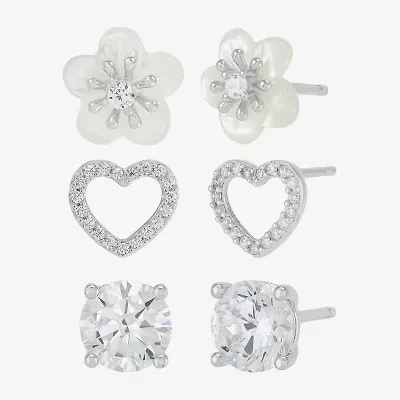 Diamonart Womens Cubic Zirconia Sterling Silver Heart 3 Pair Earring Set