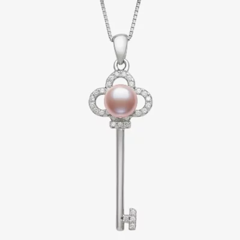Womens Pink Cultured Freshwater Pearl Sterling Silver Keys 18 Inch Pendant Necklace