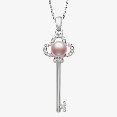 Womens Pink Cultured Freshwater Pearl Sterling Silver Keys 18 Inch Pendant Necklace