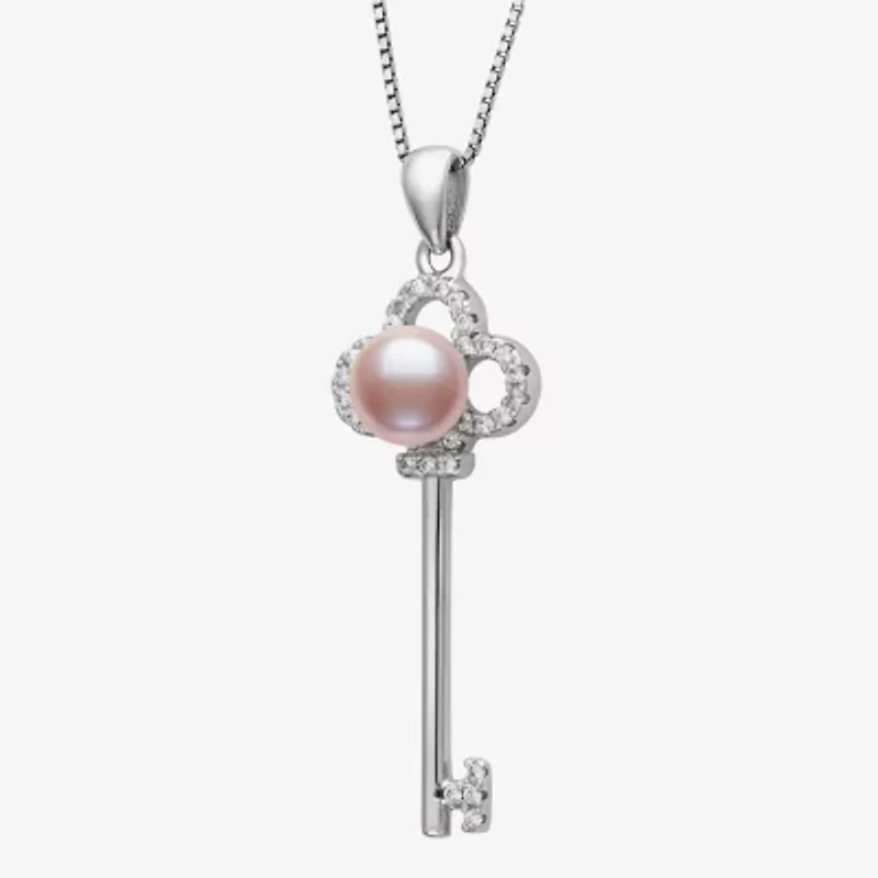 Womens Pink Cultured Freshwater Pearl Sterling Silver Keys 18 Inch Pendant Necklace