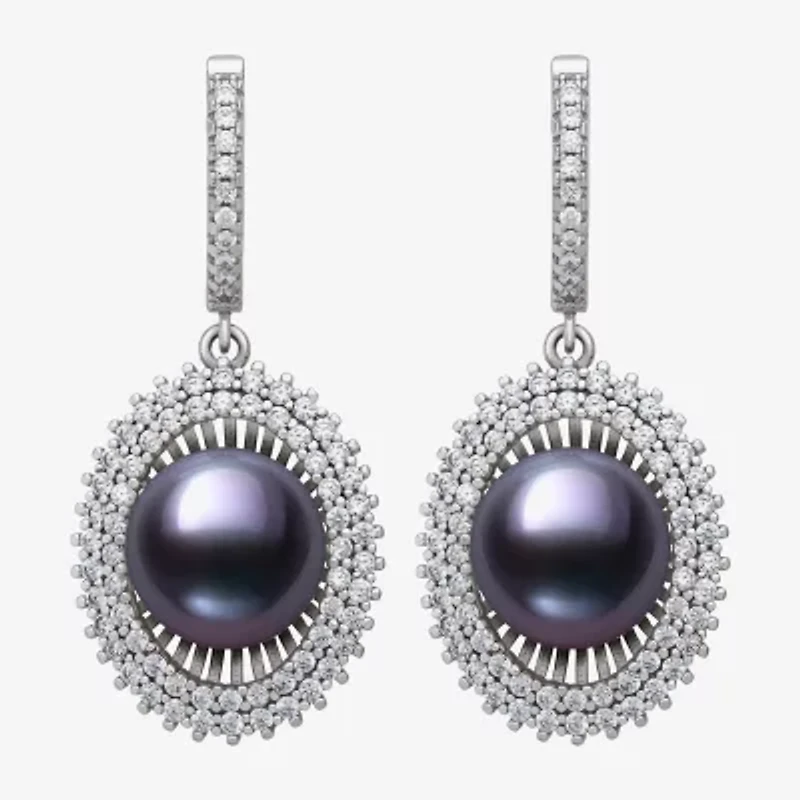 Womens Black Cultured Freshwater Pearl Sterling Silver Round Drop Earrings