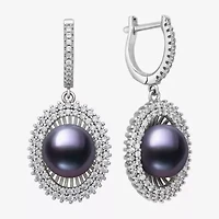Womens Black Cultured Freshwater Pearl Sterling Silver Round Drop Earrings