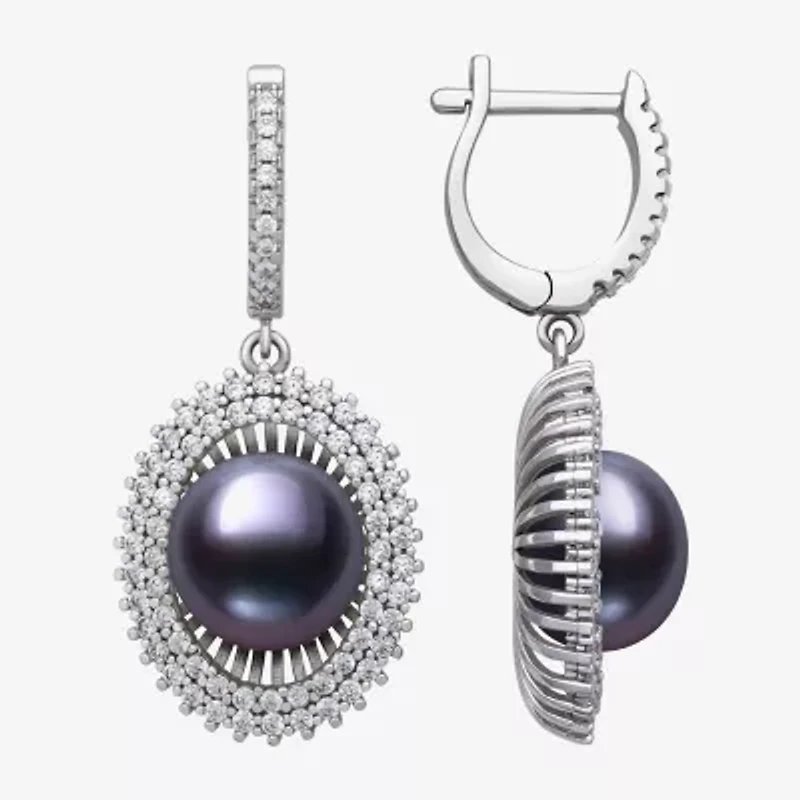 Womens Black Cultured Freshwater Pearl Sterling Silver Round Drop Earrings