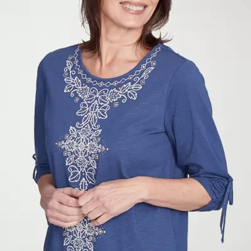 Alfred Dunner Summer Solstice Womens Crew Neck 3/4 Sleeve T-Shirt