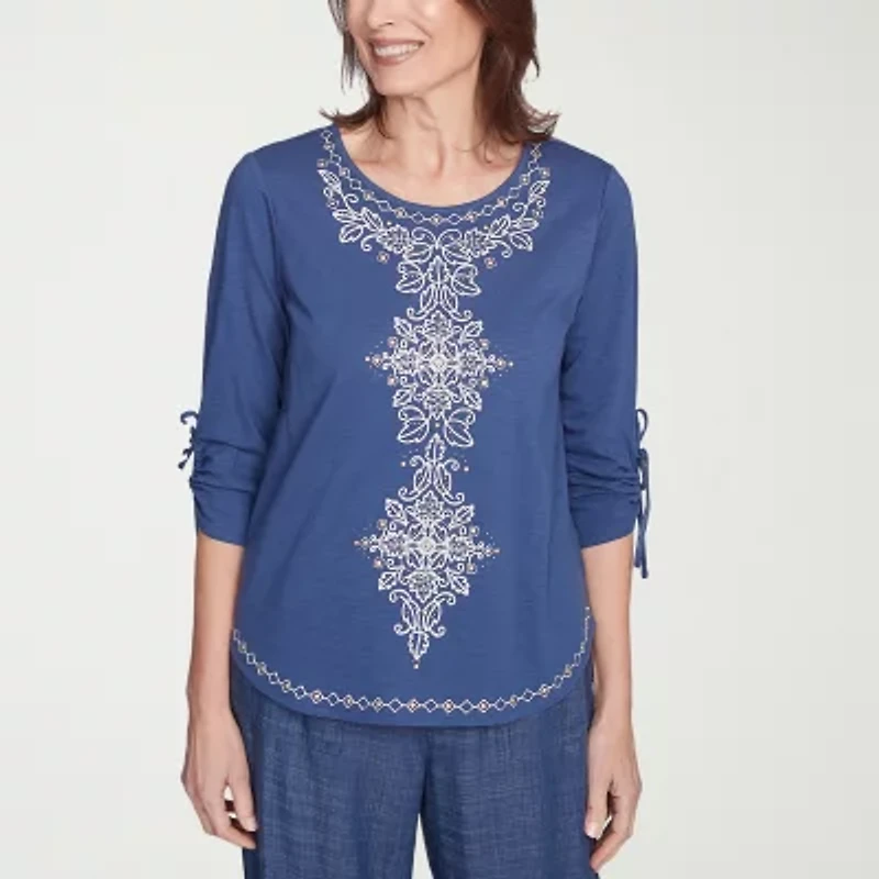 Alfred Dunner Summer Solstice Womens Crew Neck 3/4 Sleeve T-Shirt