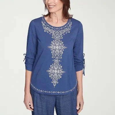 Alfred Dunner Summer Solstice Womens Crew Neck 3/4 Sleeve T-Shirt