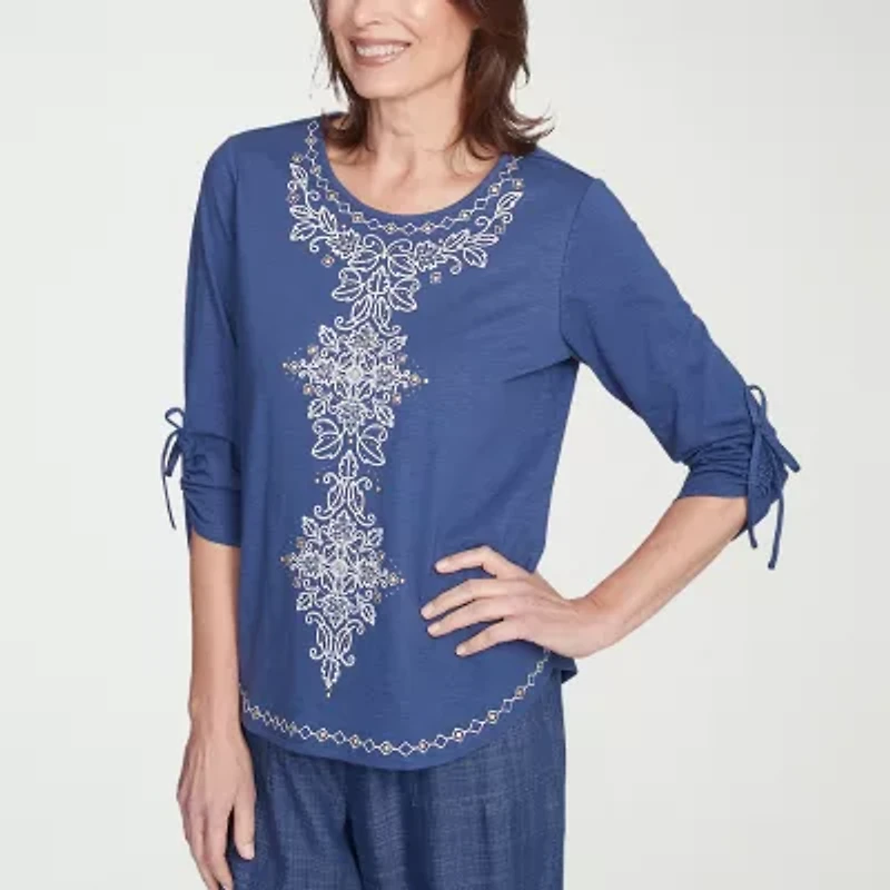 Alfred Dunner Summer Solstice Womens Crew Neck 3/4 Sleeve T-Shirt