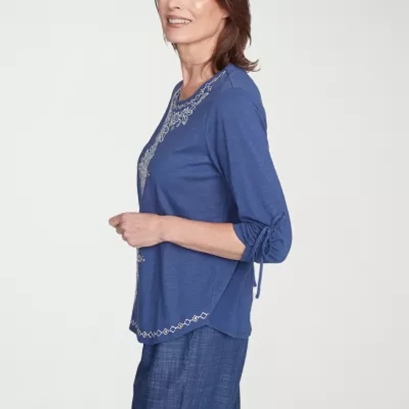 Alfred Dunner Summer Solstice Womens Crew Neck 3/4 Sleeve T-Shirt