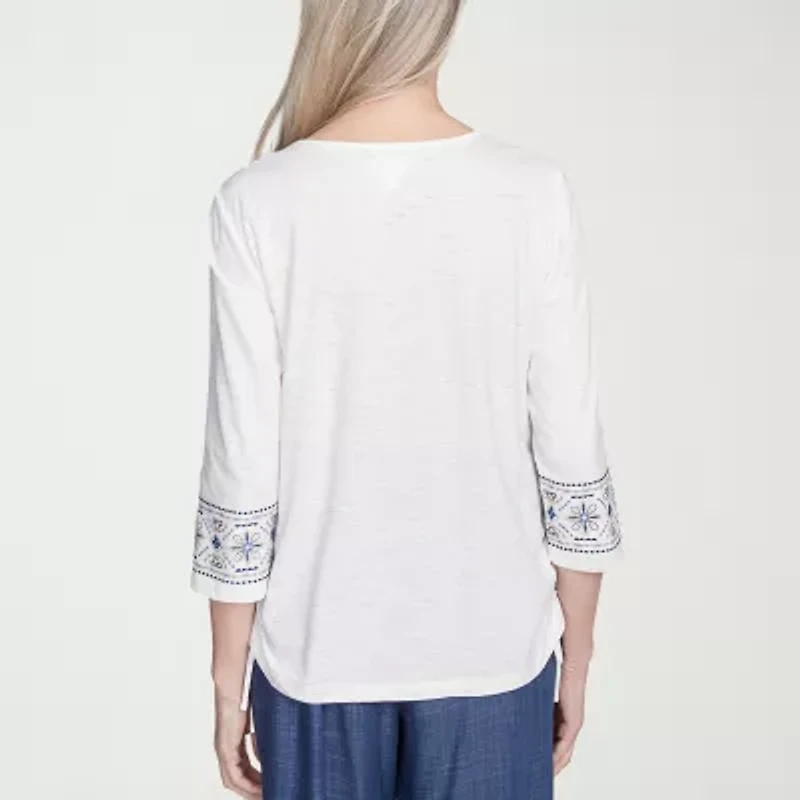 Alfred Dunner Summer Solstice Womens Crew Neck 3/4 Sleeve T-Shirt
