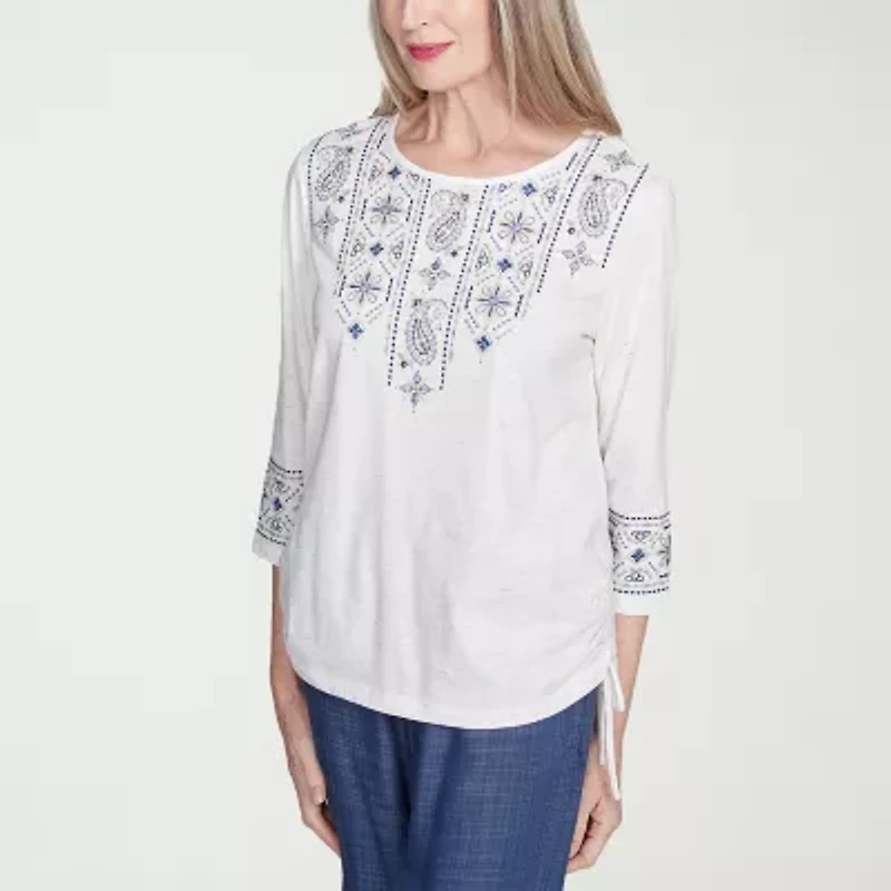 Alfred Dunner Summer Solstice Womens Crew Neck 3/4 Sleeve T-Shirt
