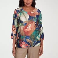 Alfred Dunner Summer Solstice Womens Crew Neck 3/4 Sleeve Stretch Fabric T-Shirt